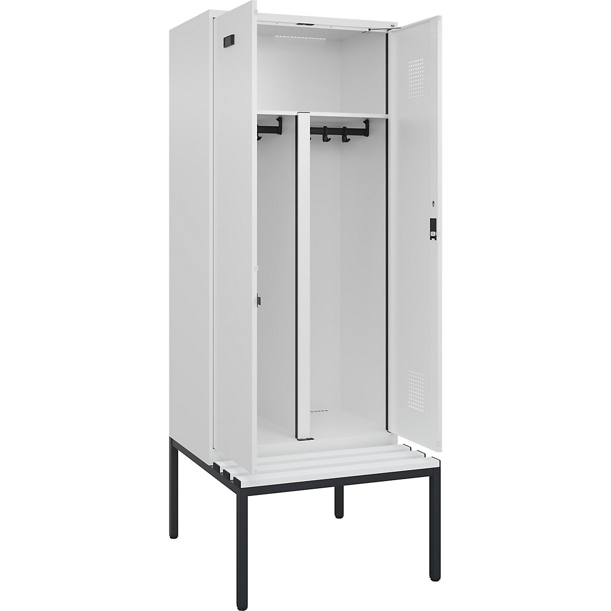 Cacifo com separação de roupa suja/limpa Evolo PLUS com banco, 2 compartimentos, divisória encurtada, branco, L 800 mm, fechadura de cilindro, com banco incorporado, plástico-0