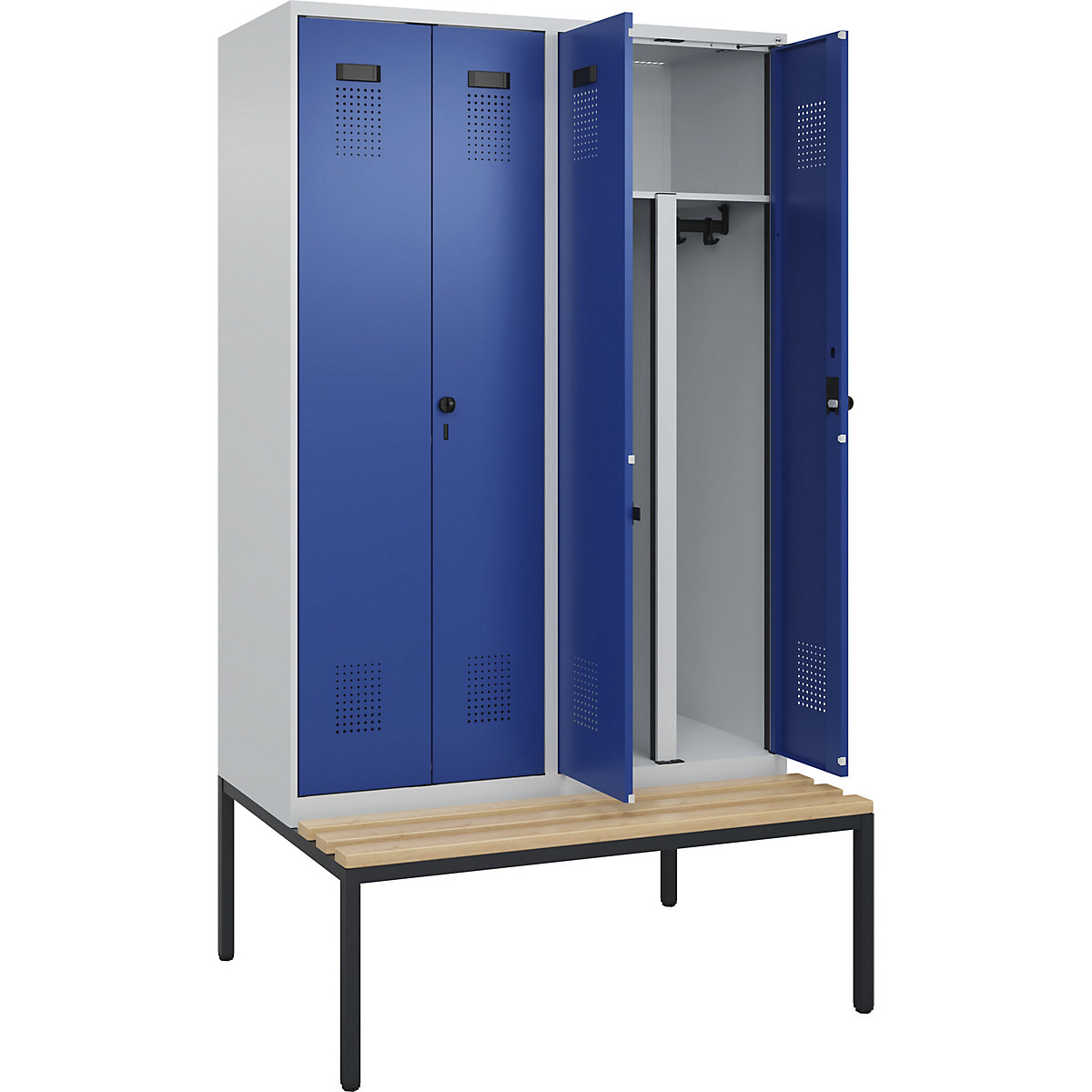Cacifo com separação de roupa suja/limpa Evolo PLUS com banco, 4 compartimentos, divisória encurtada, cinzento claro/azul genciana, L 1200 mm, trinco de segurança rotativo, com banco incorporado, faia-0