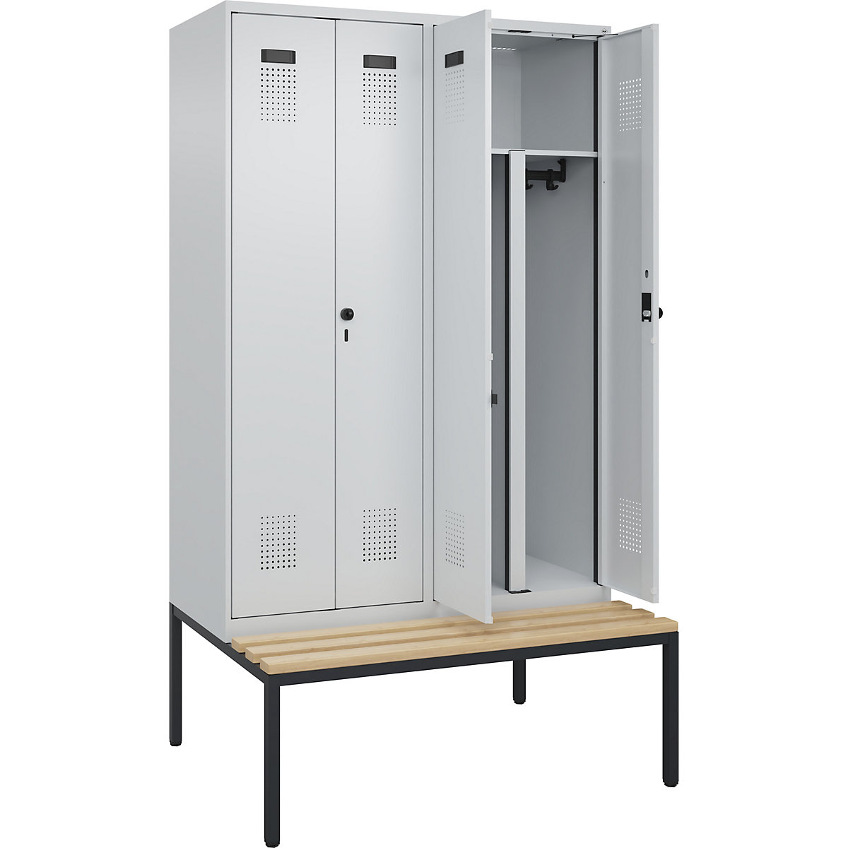 Cacifo com separação de roupa suja/limpa Evolo PLUS com banco, 4 compartimentos, divisória encurtada, cinzento claro/cinzento claro, L 1200 mm, trinco de segurança rotativo, com banco incorporado, faia-0