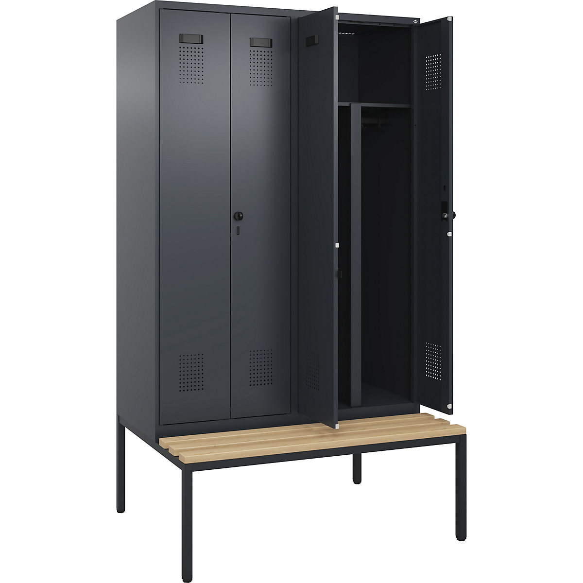 Cacifo com separação de roupa suja/limpa Evolo PLUS com banco, 4 compartimentos, divisória encurtada, cinzento, L 1200 mm, trinco de segurança rotativo, com banco incorporado, faia-0