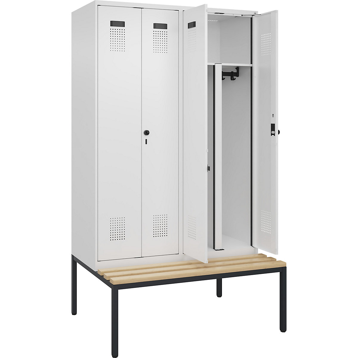 Cacifo com separação de roupa suja/limpa Evolo PLUS com banco, 4 compartimentos, divisória encurtada, branco, L 1200 mm, trinco de segurança rotativo, com banco incorporado, faia-0