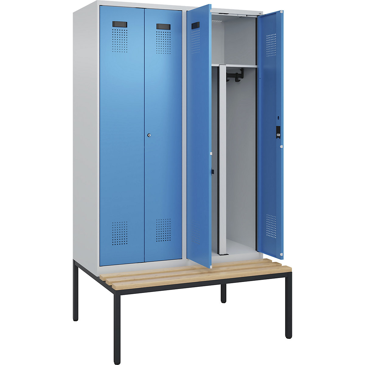 Cacifo com separação de roupa suja/limpa Evolo PLUS com banco, 4 compartimentos, divisória encurtada, cinzento claro/azul claro, L 1200 mm, fechadura de cilindro, com banco incorporado, faia-0