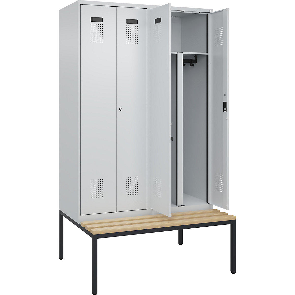 Cacifo com separação de roupa suja/limpa Evolo PLUS com banco, 4 compartimentos, divisória encurtada, cinzento claro/cinzento claro, L 1200 mm, fechadura de cilindro, com banco incorporado, faia-0