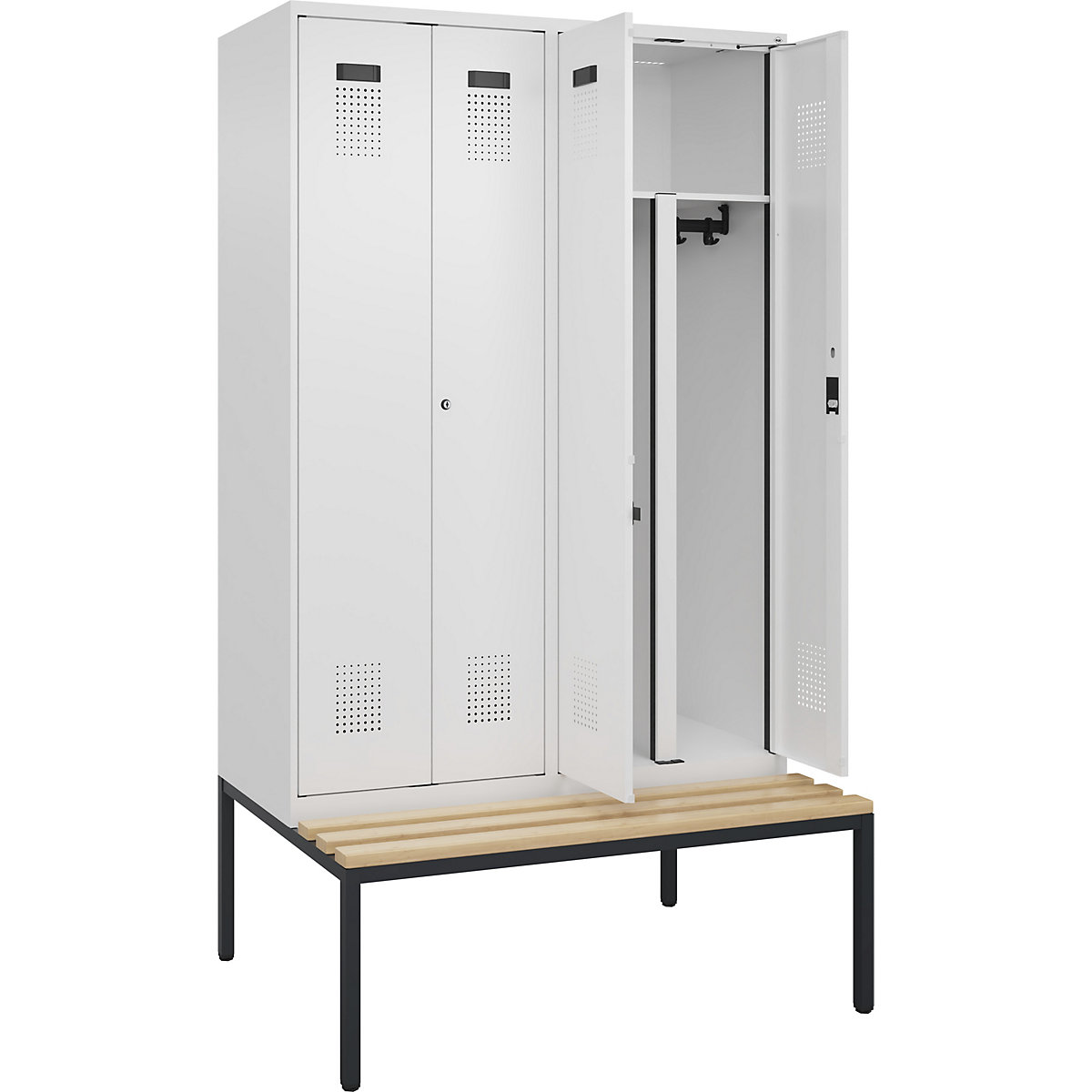 Cacifo com separação de roupa suja/limpa Evolo PLUS com banco, 4 compartimentos, divisória encurtada, branco, L 1200 mm, fechadura de cilindro, com banco incorporado, faia-0