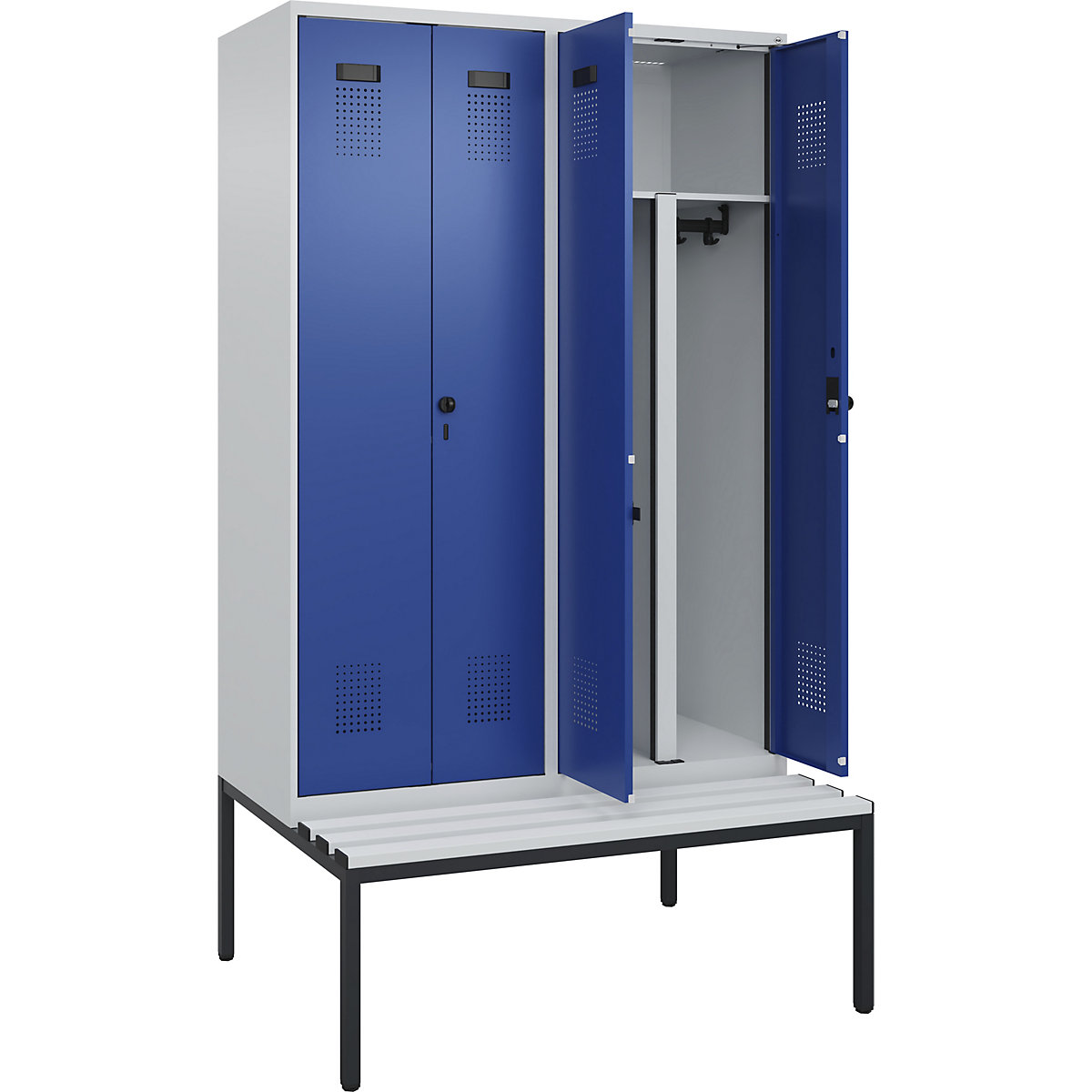 Cacifo com separação de roupa suja/limpa Evolo PLUS com banco, 4 compartimentos, divisória encurtada, cinzento claro/azul genciana, L 1200 mm, trinco de segurança rotativo, com banco incorporado, plástico-0