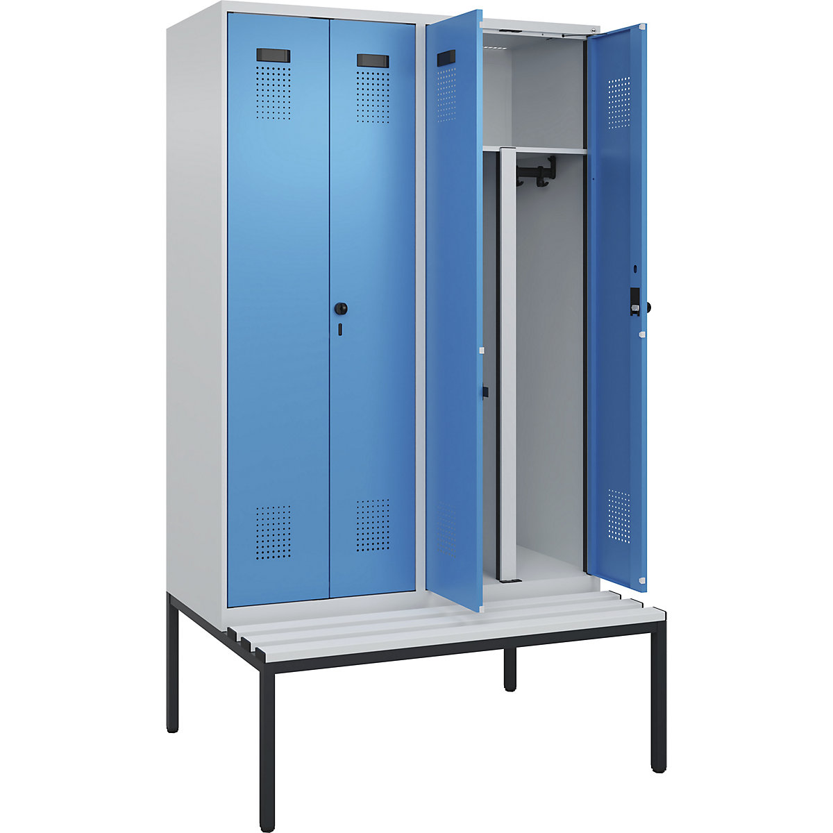 Cacifo com separação de roupa suja/limpa Evolo PLUS com banco, 4 compartimentos, divisória encurtada, cinzento claro/azul claro, L 1200 mm, trinco de segurança rotativo, com banco incorporado, plástico-0