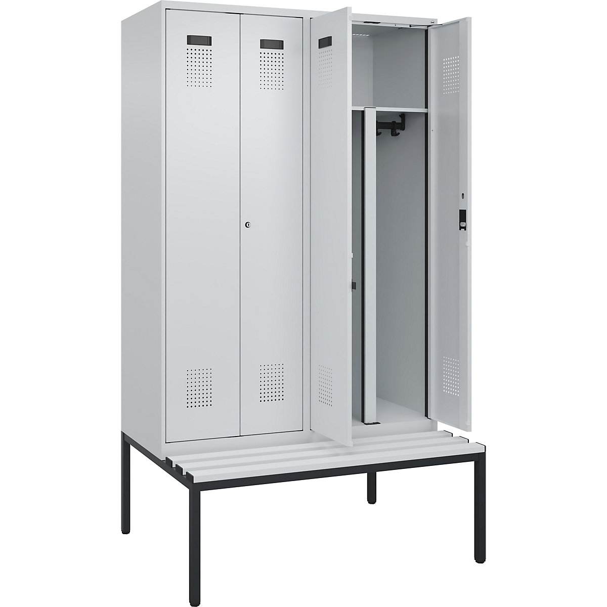 Cacifo com separação de roupa suja/limpa Evolo PLUS com banco, 4 compartimentos, divisória encurtada, cinzento claro/cinzento claro, L 1200 mm, fechadura de cilindro, com banco incorporado, plástico-0