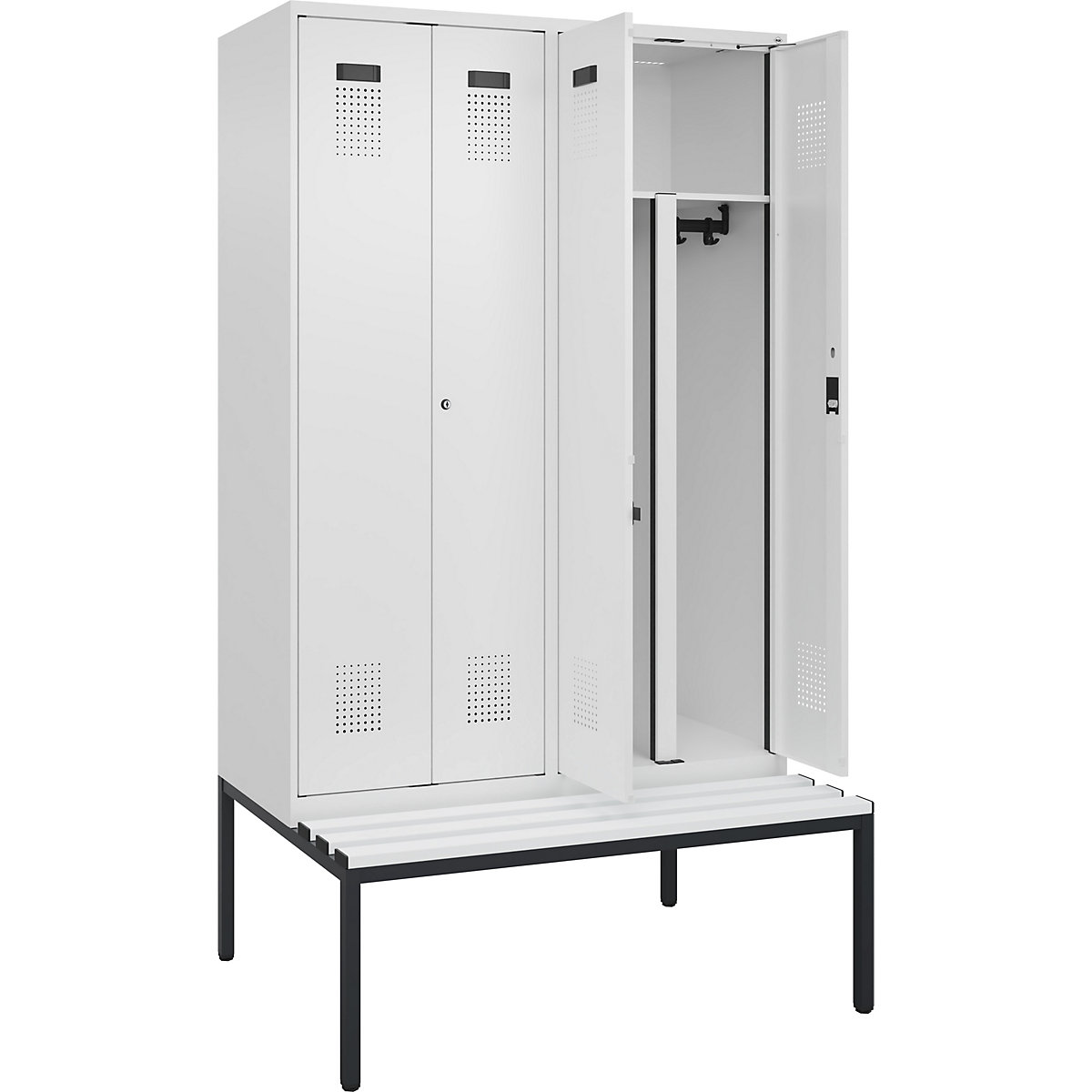 Cacifo com separação de roupa suja/limpa Evolo PLUS com banco, 4 compartimentos, divisória encurtada, branco, L 1200 mm, fechadura de cilindro, com banco incorporado, plástico-0
