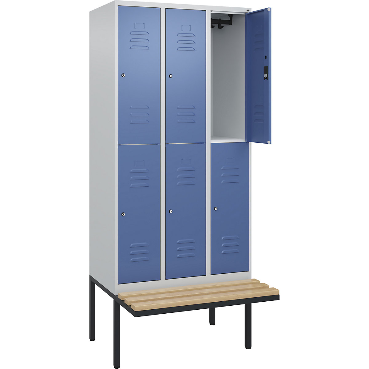 Cacifo de dois andares Classic PLUS com banco – C+P, 3 compartimentos, cinzento claro/azul distante, L 900 mm, fechadura de cilindro, saliente, madeira dura de faia-0