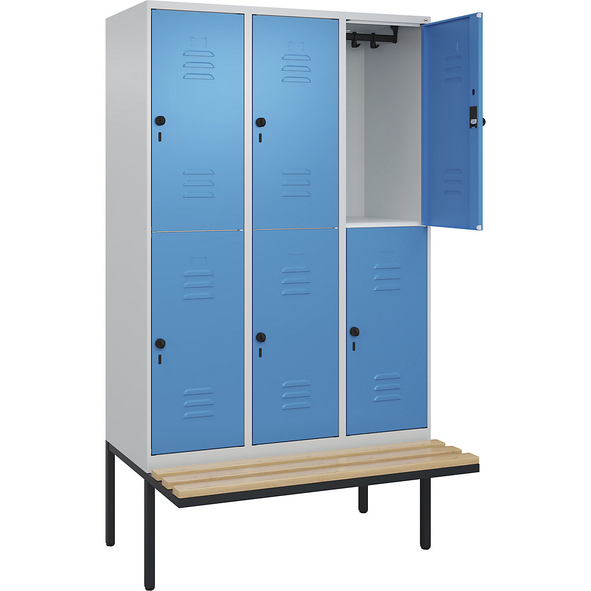 Cacifo de dois andares Classic PLUS com banco – C+P, 3 compartimentos, cinzento claro/azul claro, L 1200 mm, trinco de segurança rotativo, saliente, madeira dura de faia-0
