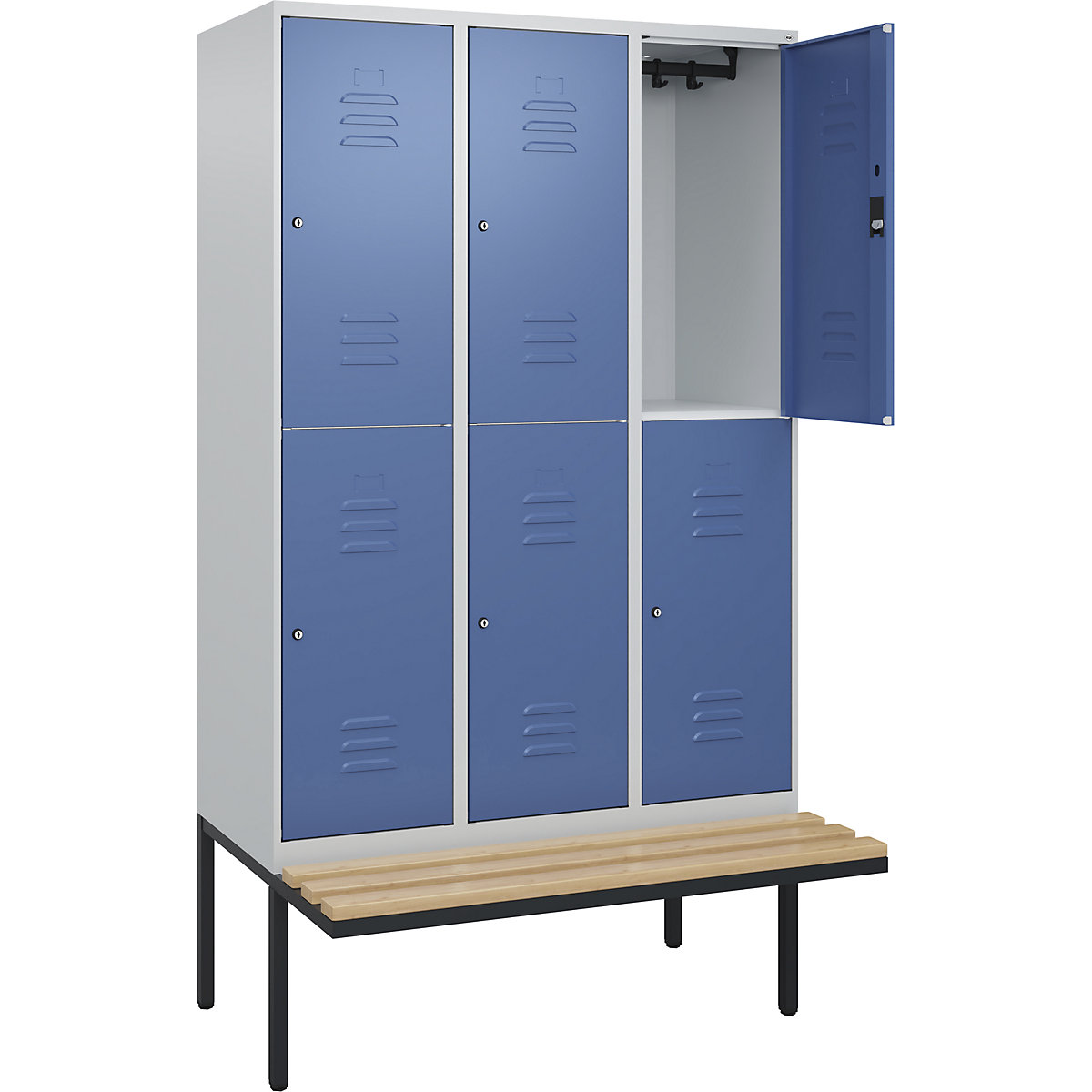 Cacifo de dois andares Classic PLUS com banco – C+P, 3 compartimentos, cinzento claro/azul distante, L 1200 mm, fechadura de cilindro, saliente, madeira dura de faia-0