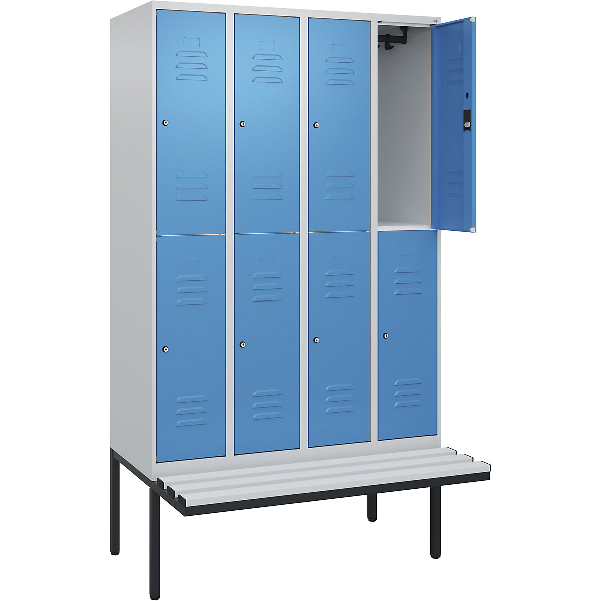 Cacifo de dois andares Classic PLUS com banco – C+P, 4 compartimentos, cinzento claro/azul claro, L 1200 mm, fechadura de cilindro, saliente, plástico-0
