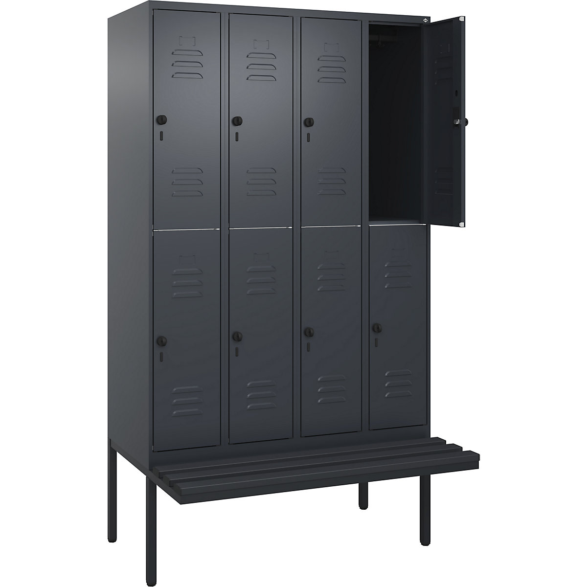 Cacifo de dois andares Classic PLUS com banco – C+P, 4 compartimentos, cinzento, L 1200 mm, trinco de segurança rotativo, saliente, plástico-0