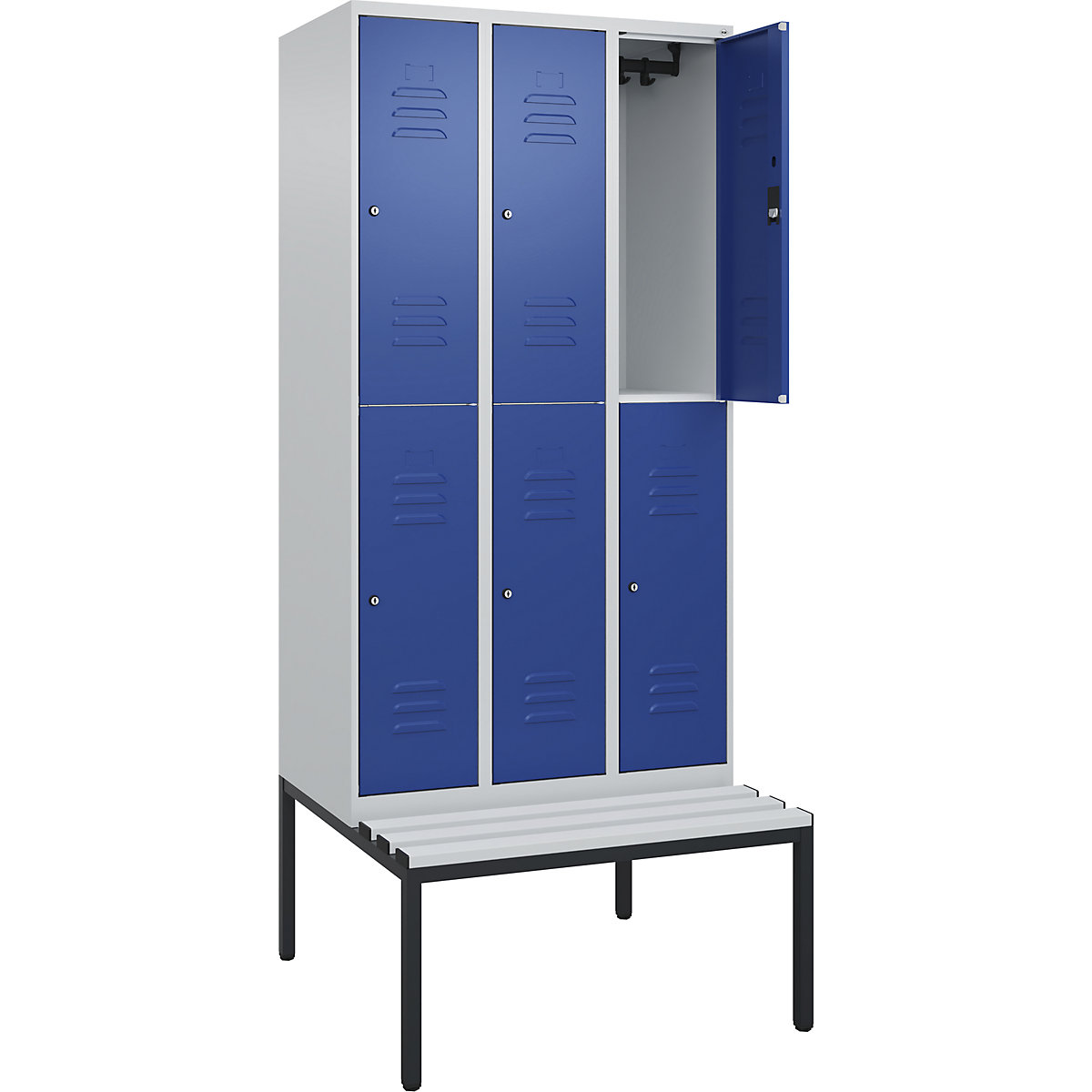 Cacifo de dois andares Classic PLUS com banco – C+P, 3 compartimentos, cinzento claro/azul genciana, L 900 mm, fechadura de cilindro, incorporado, plástico-0
