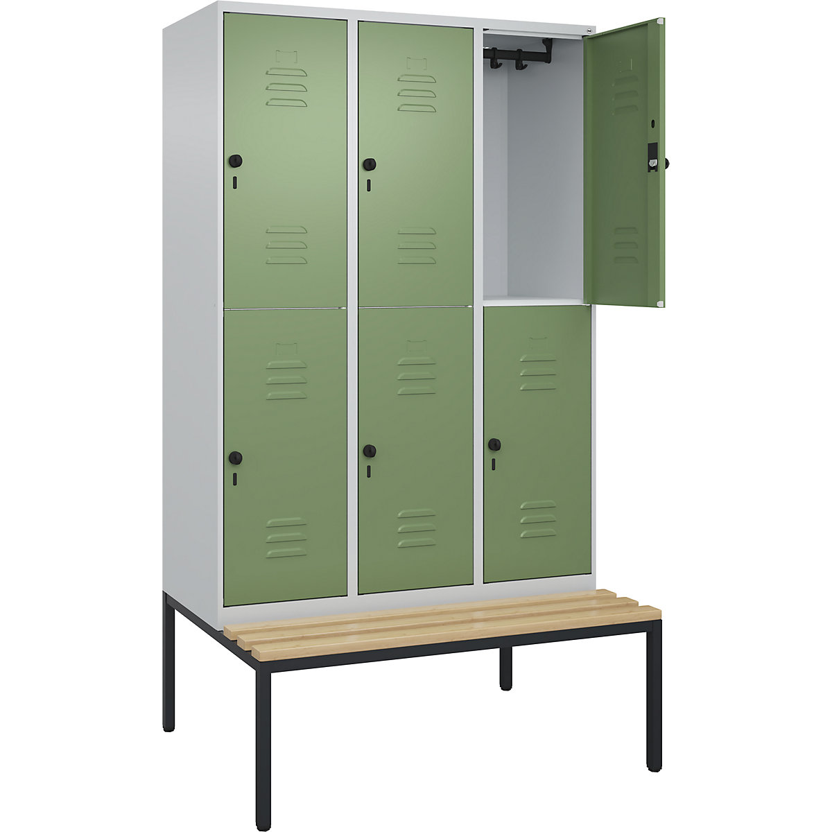 Cacifo de dois andares Classic PLUS com banco – C+P, 3 compartimentos, cinzento claro/verde reseda, L 1200 mm, trinco de segurança rotativo, incorporado, madeira dura de faia-0