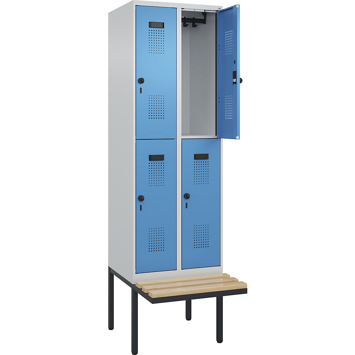 Cacifo de dois andares Evolo PLUS com banco, 2 compartimentos, cinzento claro/azul claro, L 600 mm, trinco de segurança rotativo, com banco saliente, faia-0