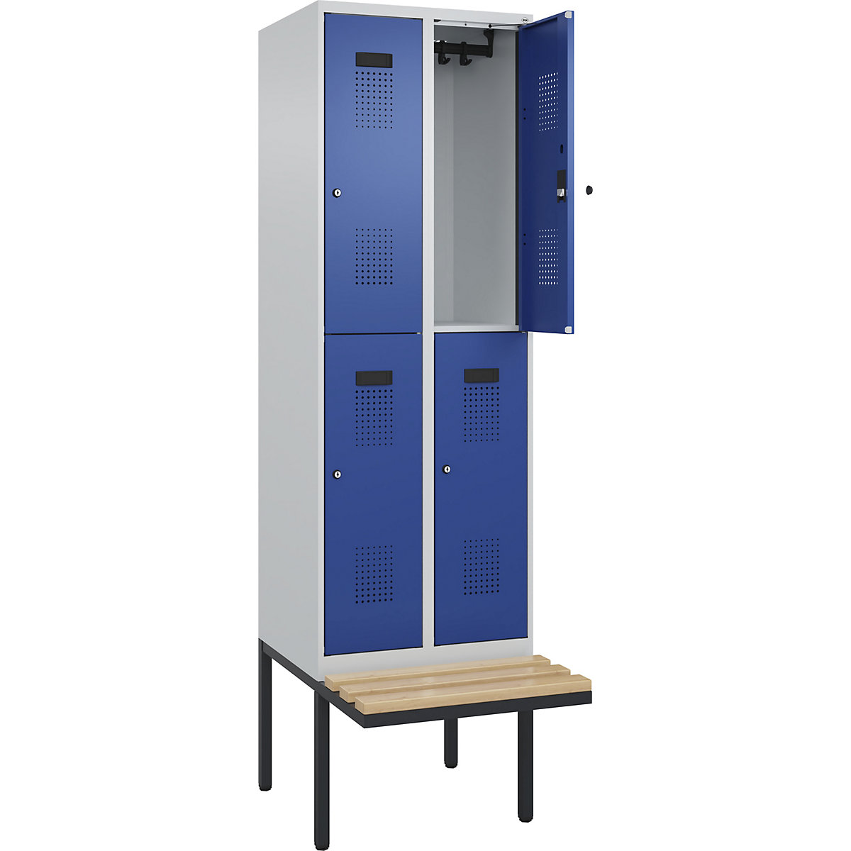 Cacifo de dois andares Evolo PLUS com banco, 2 compartimentos, cinzento claro/azul genciana, L 600 mm, fechadura de cilindro, com banco saliente, faia-0