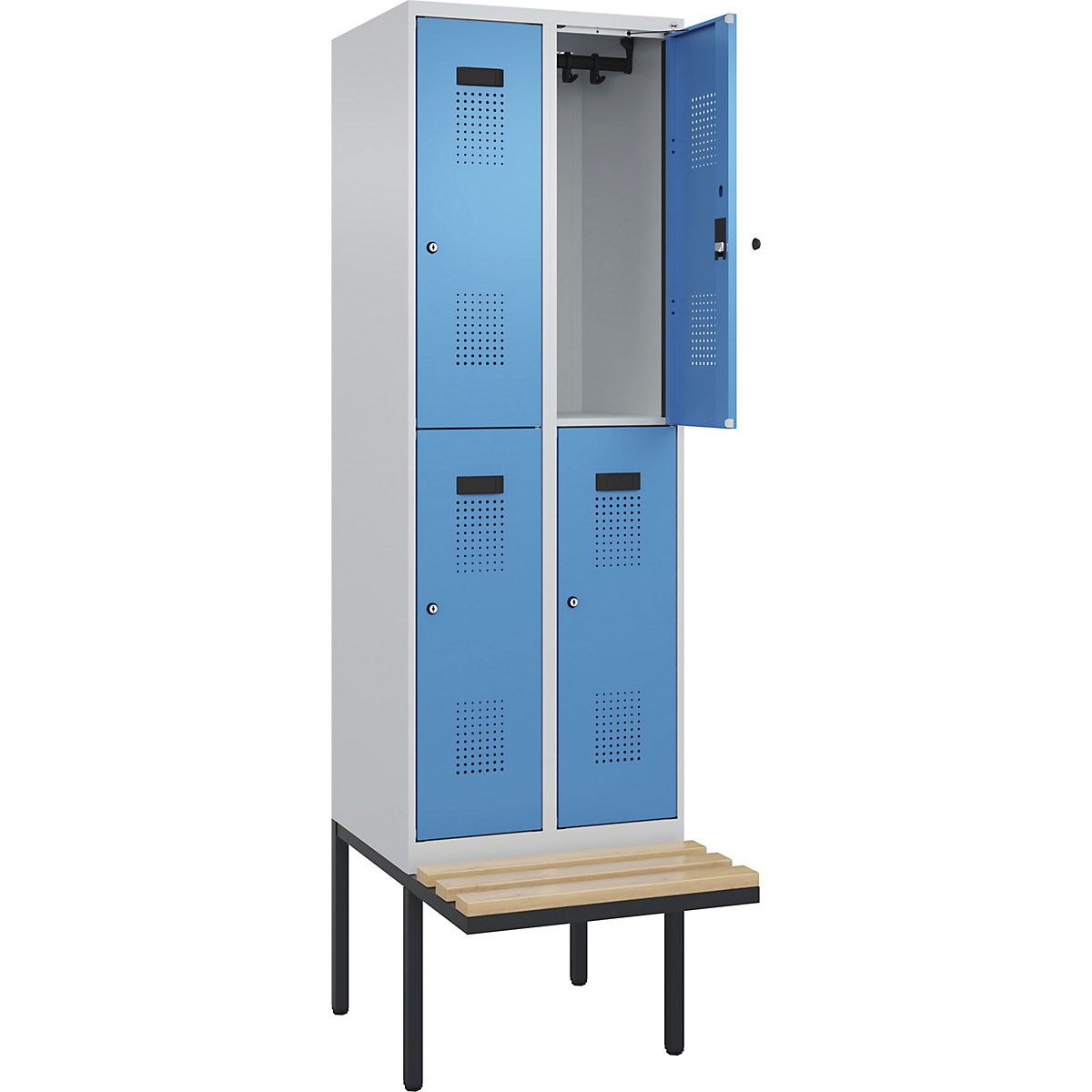 Cacifo de dois andares Evolo PLUS com banco, 2 compartimentos, cinzento claro/azul claro, L 600 mm, fechadura de cilindro, com banco saliente, faia-0