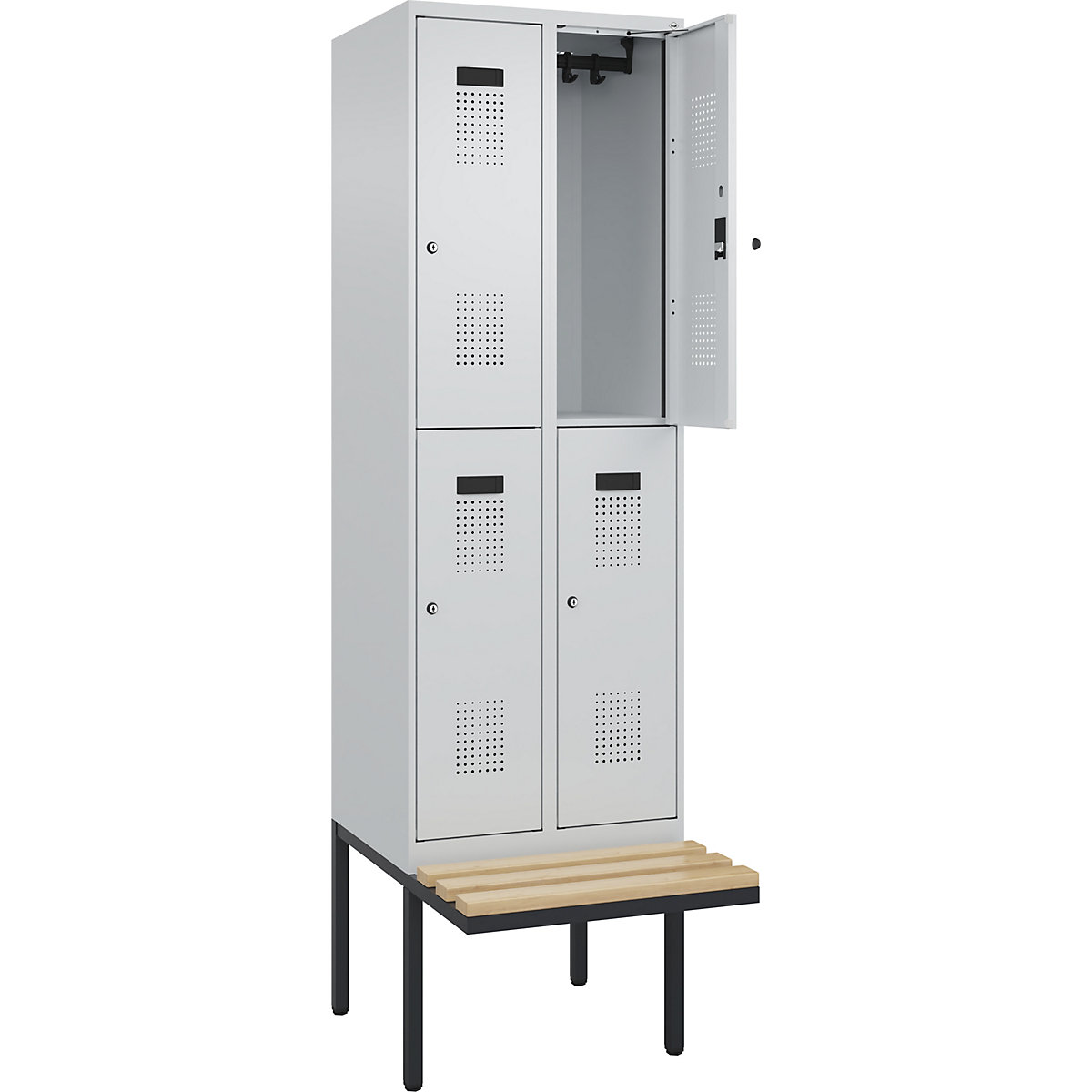 Cacifo de dois andares Evolo PLUS com banco, 2 compartimentos, cinzento claro/cinzento claro, L 600 mm, fechadura de cilindro, com banco saliente, faia-0
