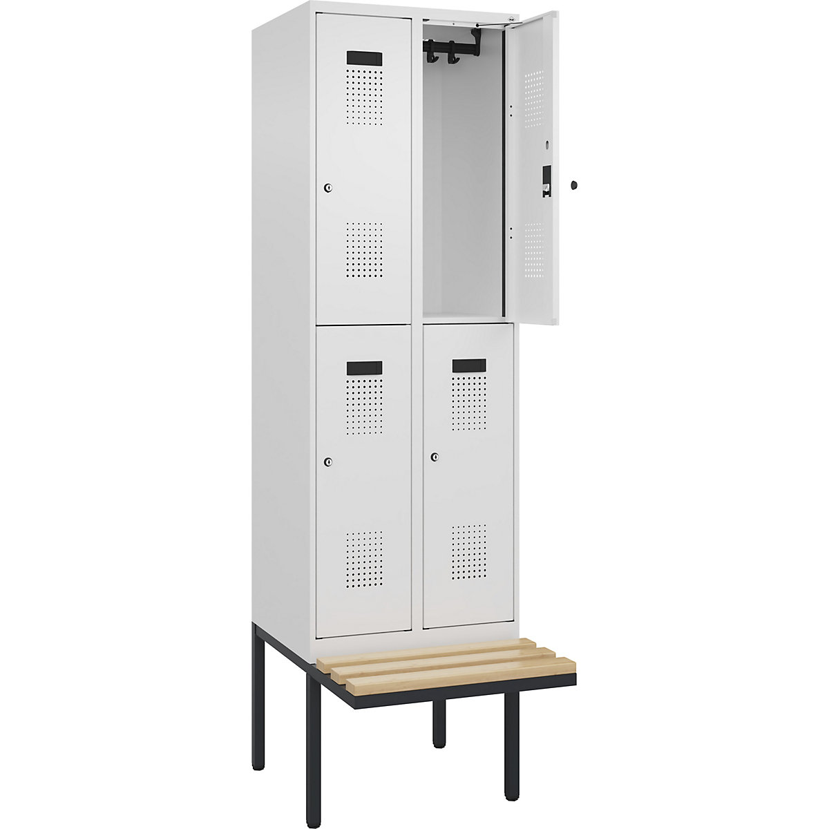 Cacifo de dois andares Evolo PLUS com banco, 2 compartimentos, branco, L 600 mm, fechadura de cilindro, com banco saliente, faia-0
