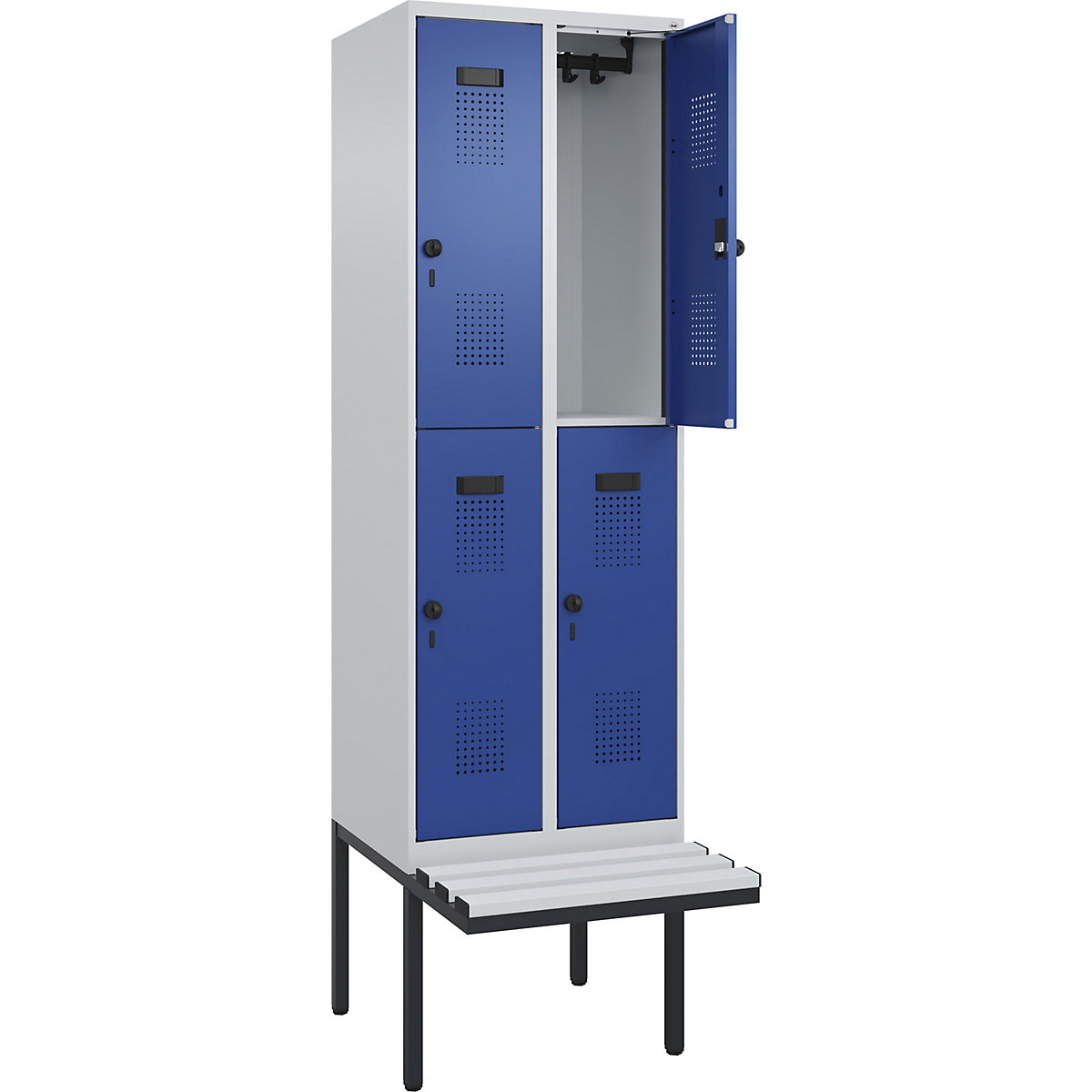 Cacifo de dois andares Evolo PLUS com banco, 2 compartimentos, cinzento claro/azul genciana, L 600 mm, trinco de segurança rotativo, com banco saliente, plástico-0