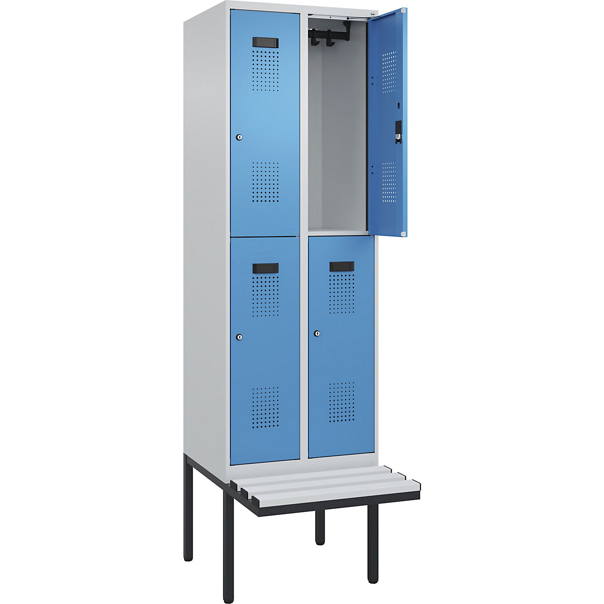 Cacifo de dois andares Evolo PLUS com banco, 2 compartimentos, cinzento claro/azul claro, L 600 mm, fechadura de cilindro, com banco saliente, plástico-0