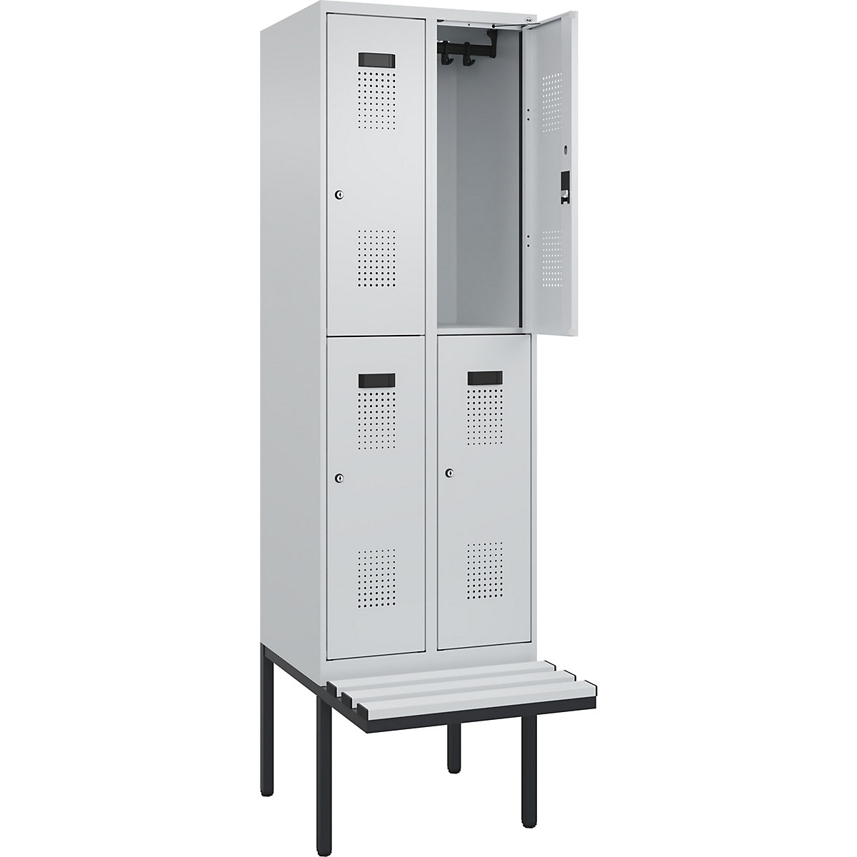 Cacifo de dois andares Evolo PLUS com banco, 2 compartimentos, cinzento claro/cinzento claro, L 600 mm, fechadura de cilindro, com banco saliente, plástico-0