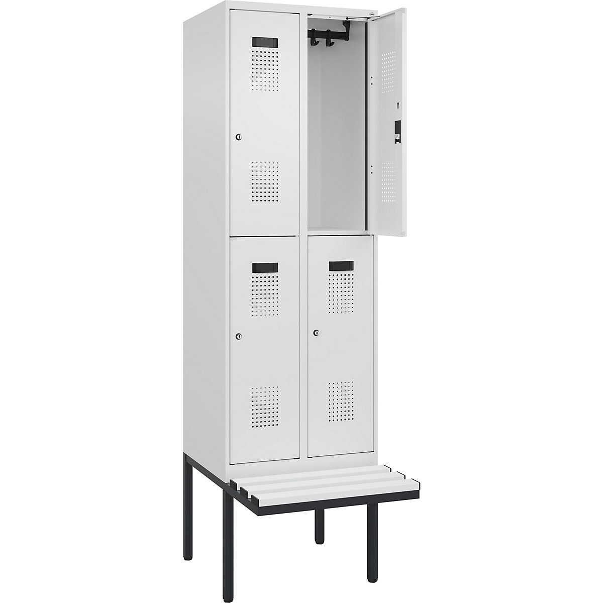 Cacifo de dois andares Evolo PLUS com banco, 2 compartimentos, branco, L 600 mm, fechadura de cilindro, com banco saliente, plástico-0