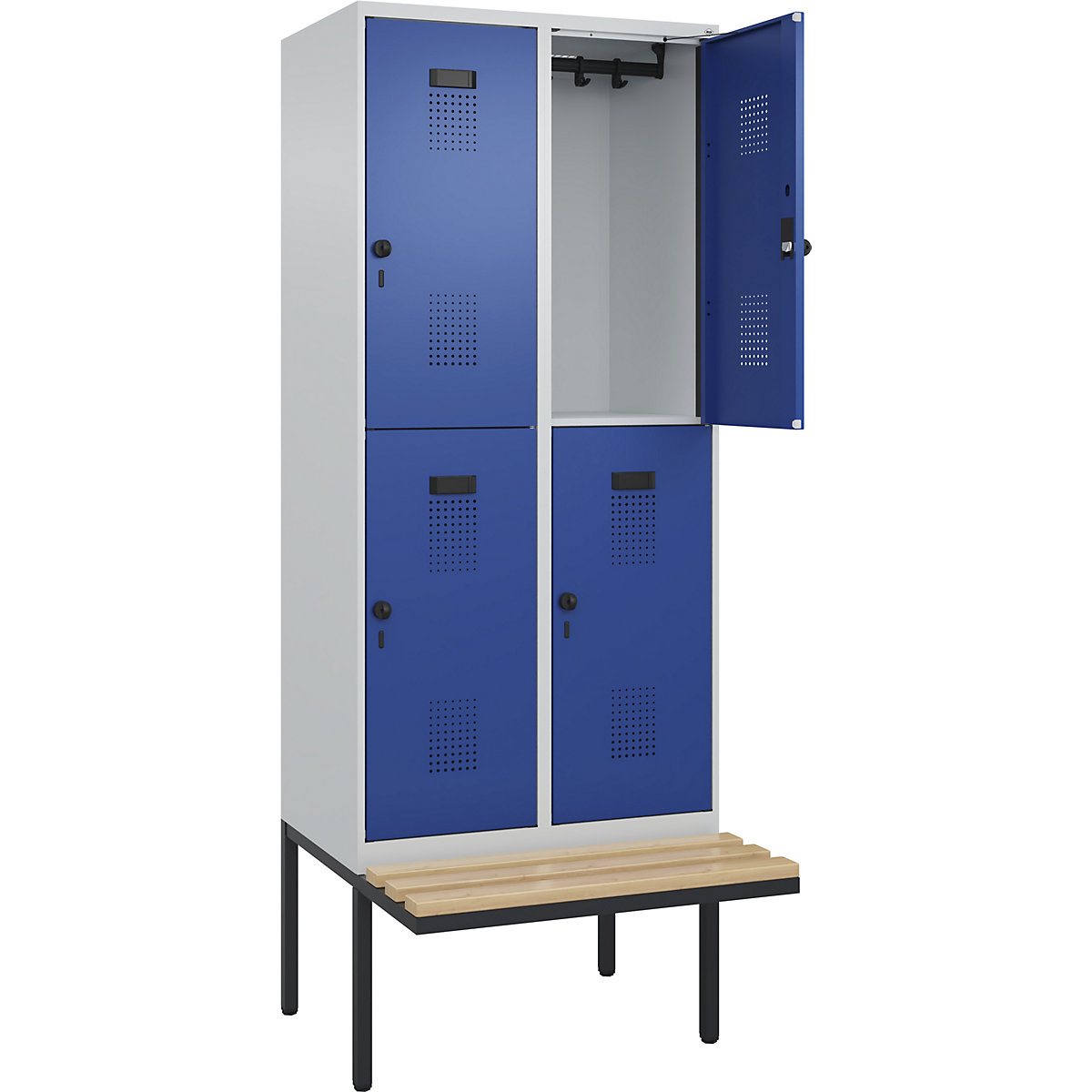 Cacifo de dois andares Evolo PLUS com banco, 2 compartimentos, cinzento claro/azul genciana, L 800 mm, trinco de segurança rotativo, com banco saliente, faia-0