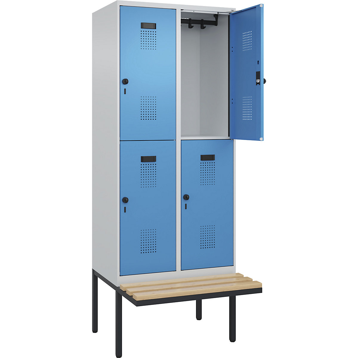 Cacifo de dois andares Evolo PLUS com banco, 2 compartimentos, cinzento claro/azul claro, L 800 mm, trinco de segurança rotativo, com banco saliente, faia-0