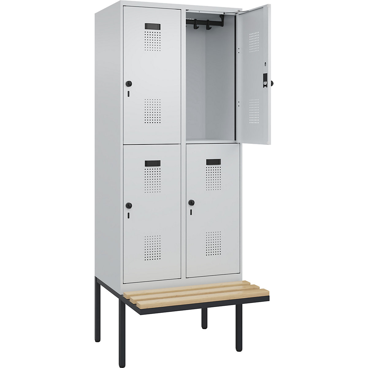 Cacifo de dois andares Evolo PLUS com banco, 2 compartimentos, cinzento claro/cinzento claro, L 800 mm, trinco de segurança rotativo, com banco saliente, faia-0