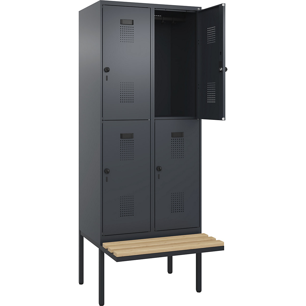 Cacifo de dois andares Evolo PLUS com banco, 2 compartimentos, cinzento, L 800 mm, trinco de segurança rotativo, com banco saliente, faia-0