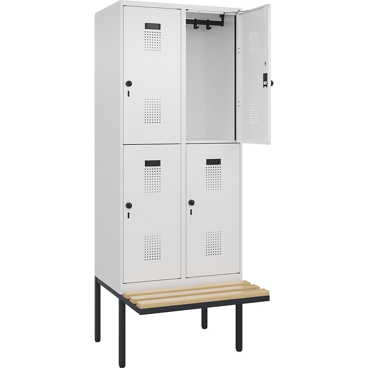 Cacifo de dois andares Evolo PLUS com banco, 2 compartimentos, branco, L 800 mm, trinco de segurança rotativo, com banco saliente, faia-0