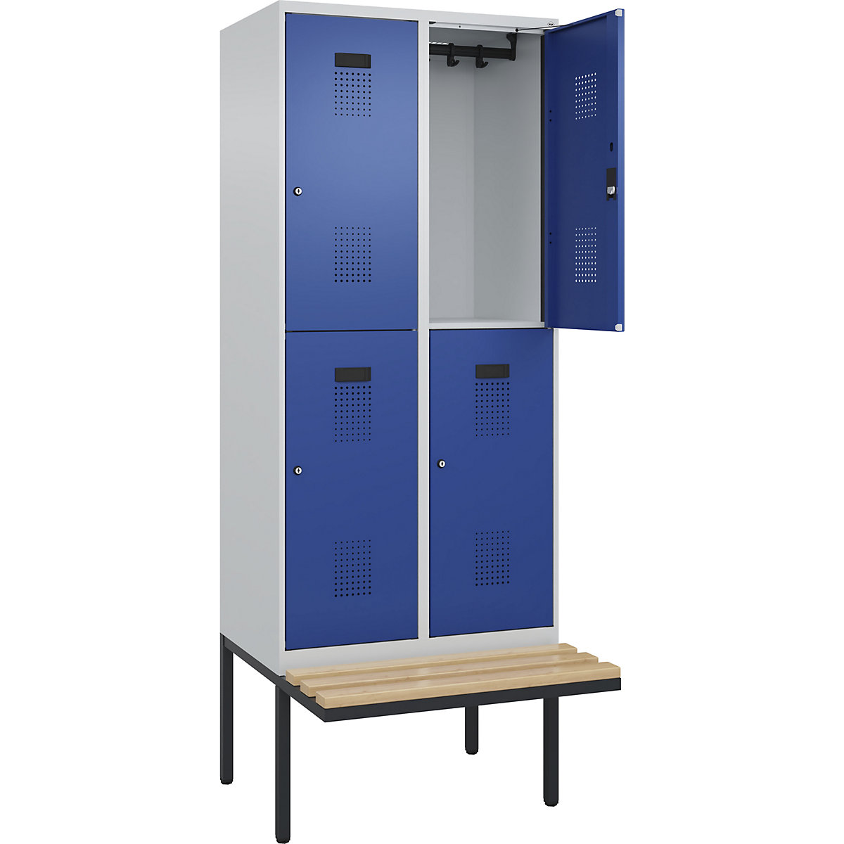 Cacifo de dois andares Evolo PLUS com banco, 2 compartimentos, cinzento claro/azul genciana, L 800 mm, fechadura de cilindro, com banco saliente, faia-0