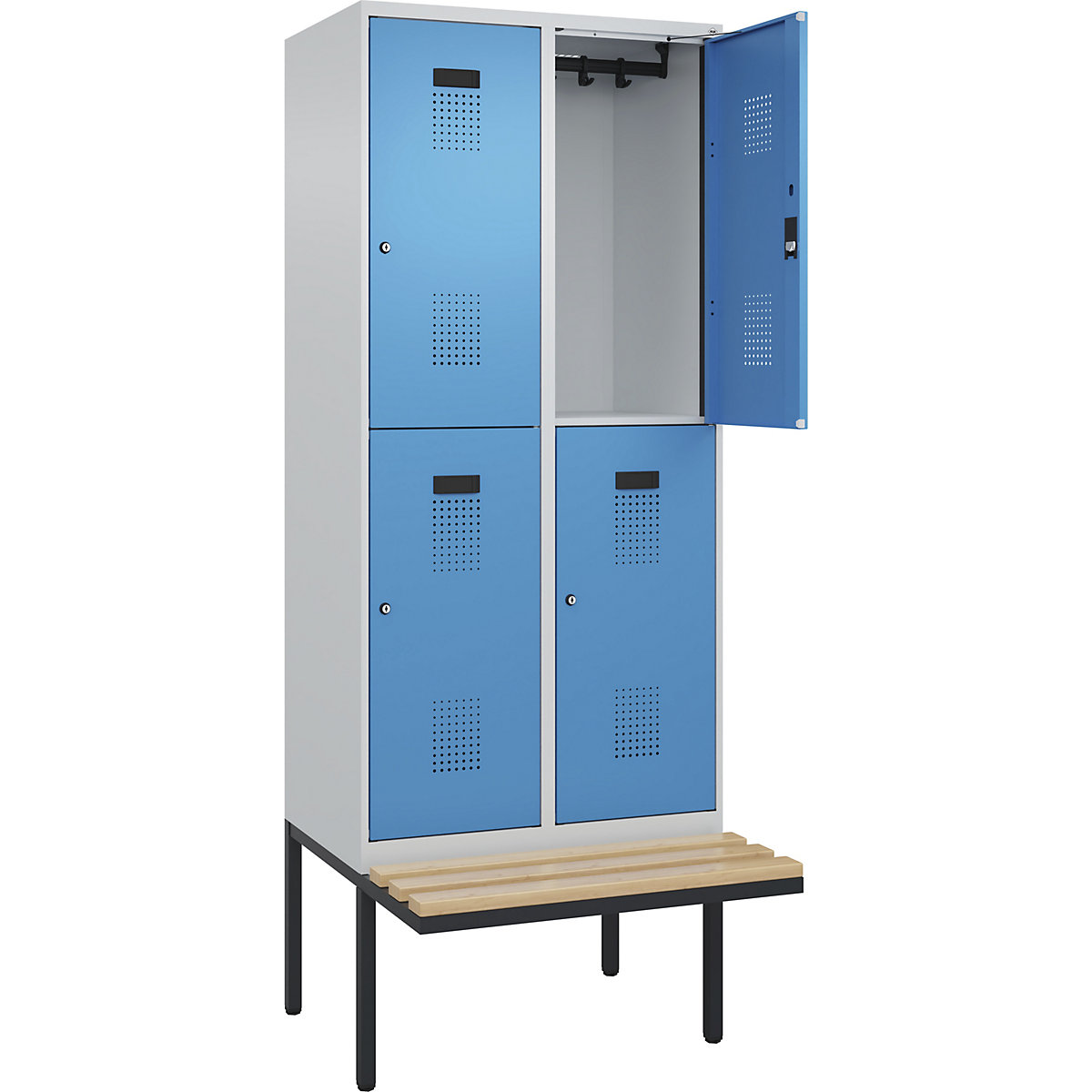 Cacifo de dois andares Evolo PLUS com banco, 2 compartimentos, cinzento claro/azul claro, L 800 mm, fechadura de cilindro, com banco saliente, faia-0