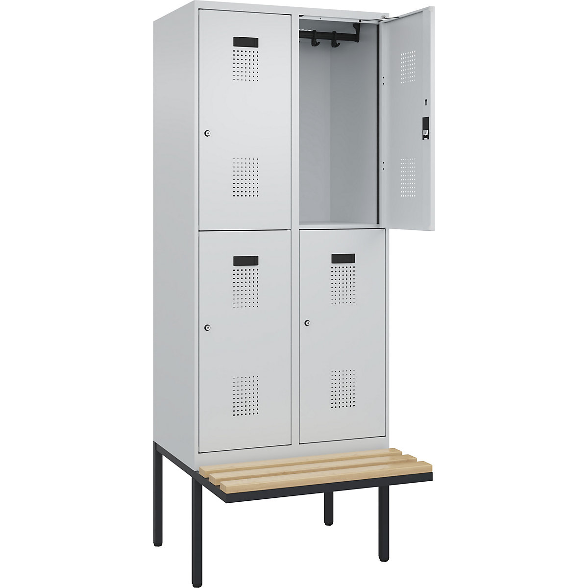 Cacifo de dois andares Evolo PLUS com banco, 2 compartimentos, cinzento claro/cinzento claro, L 800 mm, fechadura de cilindro, com banco saliente, faia-0