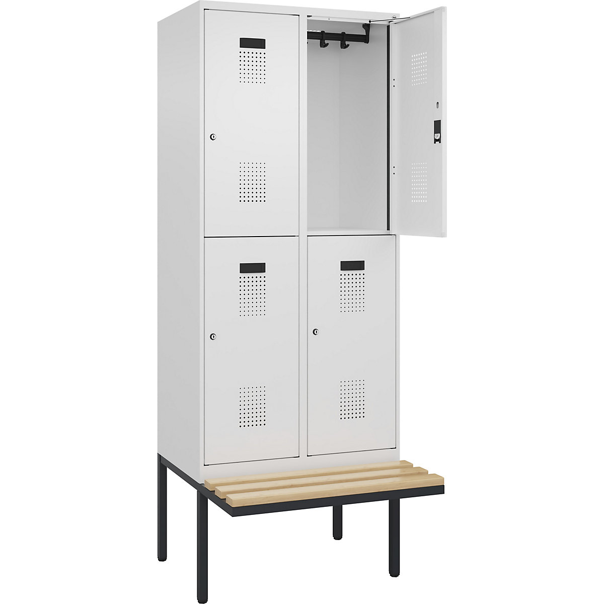 Cacifo de dois andares Evolo PLUS com banco, 2 compartimentos, branco, L 800 mm, fechadura de cilindro, com banco saliente, faia-0