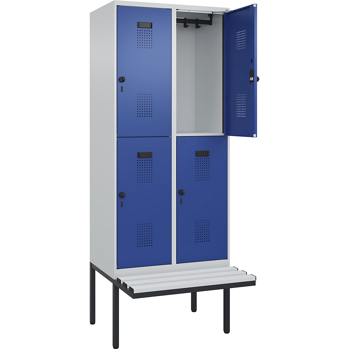 Cacifo de dois andares Evolo PLUS com banco, 2 compartimentos, cinzento claro/azul genciana, L 800 mm, trinco de segurança rotativo, com banco saliente, plástico-0