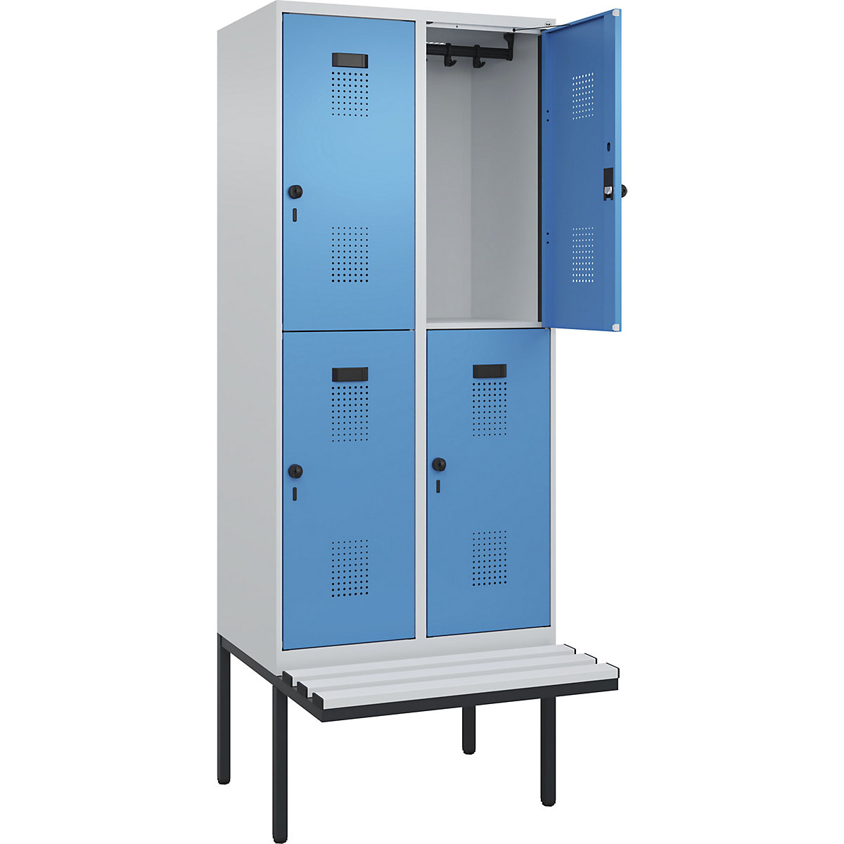 Cacifo de dois andares Evolo PLUS com banco, 2 compartimentos, cinzento claro/azul claro, L 800 mm, trinco de segurança rotativo, com banco saliente, plástico-0