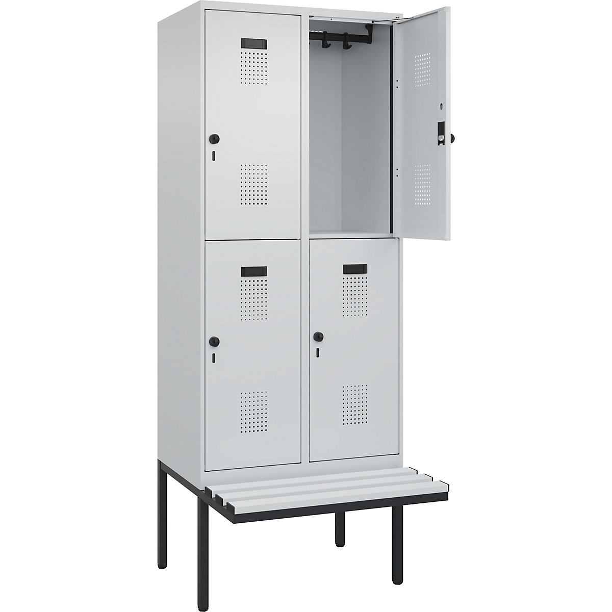 Cacifo de dois andares Evolo PLUS com banco, 2 compartimentos, cinzento claro/cinzento claro, L 800 mm, trinco de segurança rotativo, com banco saliente, plástico-0
