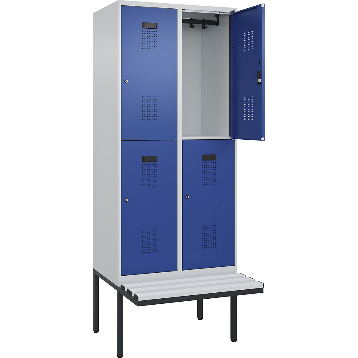 Cacifo de dois andares Evolo PLUS com banco, 2 compartimentos, cinzento claro/azul genciana, L 800 mm, fechadura de cilindro, com banco saliente, plástico-0