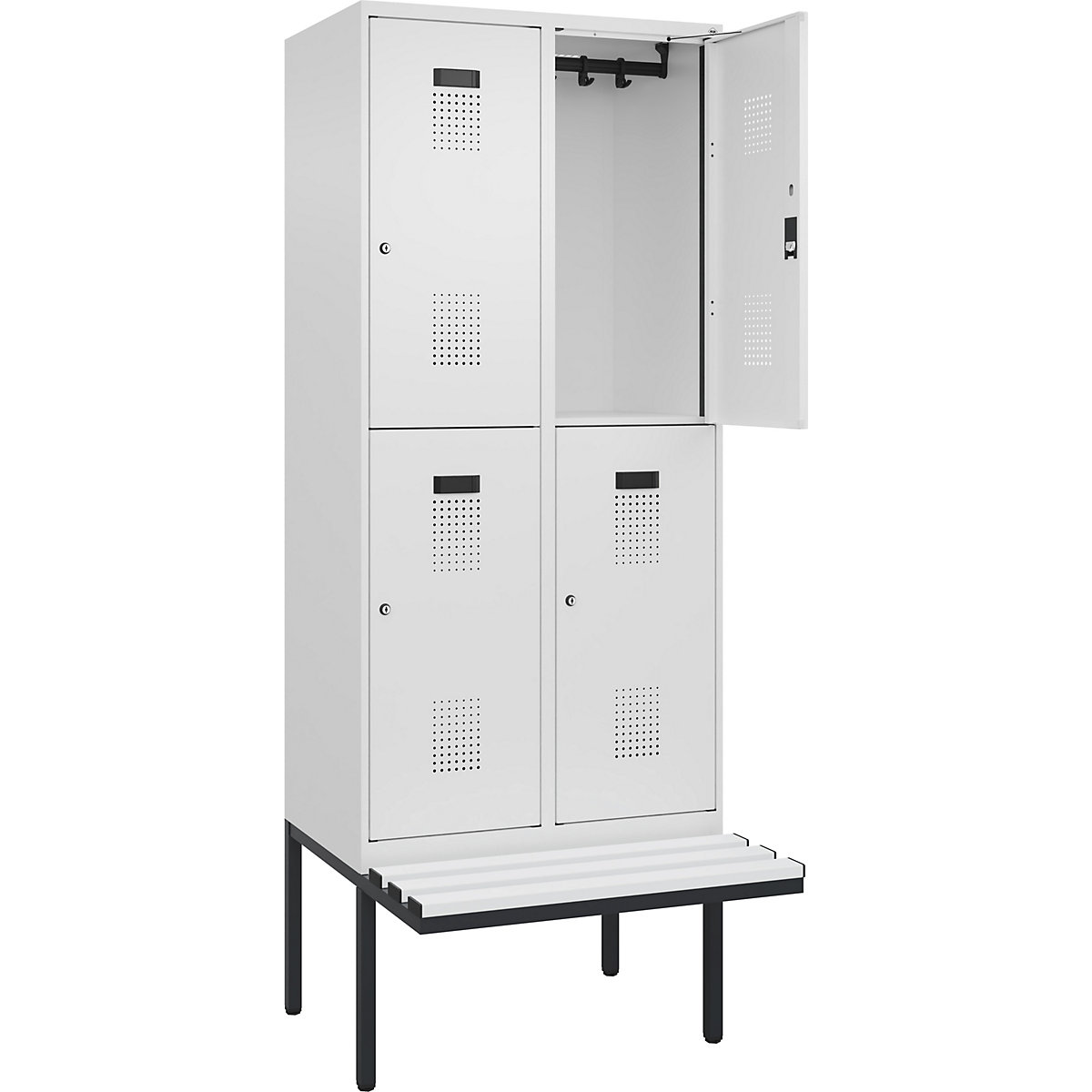 Cacifo de dois andares Evolo PLUS com banco, 2 compartimentos, branco, L 800 mm, fechadura de cilindro, com banco saliente, plástico-0