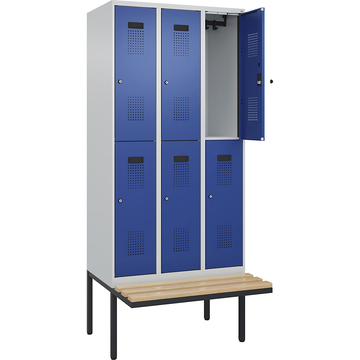 Cacifo de dois andares Evolo PLUS com banco, 3 compartimentos, cinzento claro/azul genciana, L 900 mm, fechadura de cilindro, com banco saliente, faia-0