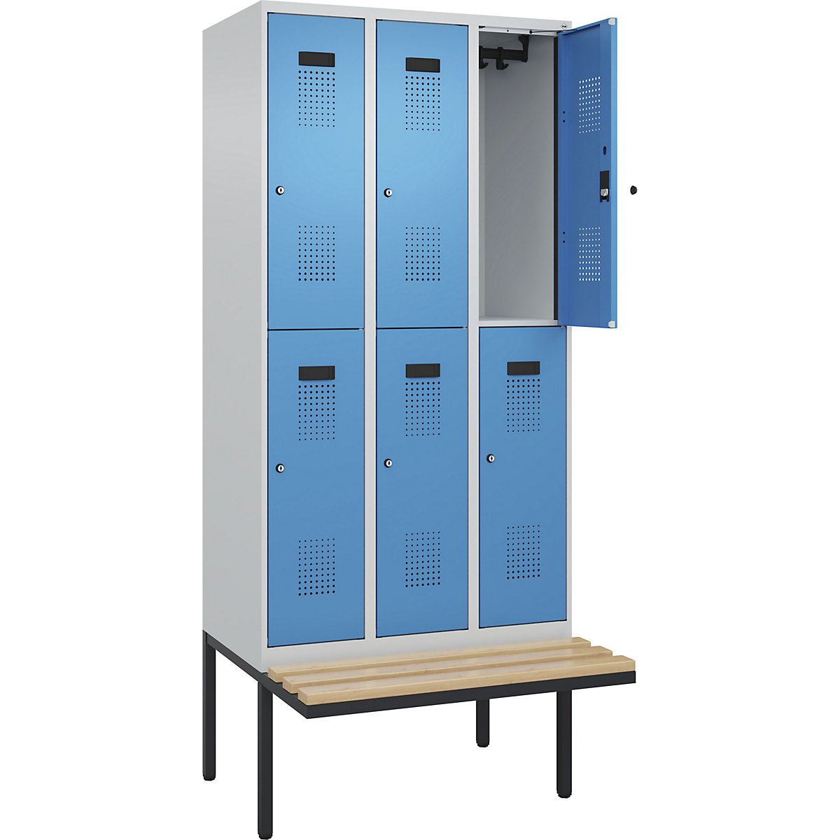 Cacifo de dois andares Evolo PLUS com banco, 3 compartimentos, cinzento claro/azul claro, L 900 mm, fechadura de cilindro, com banco saliente, faia-0
