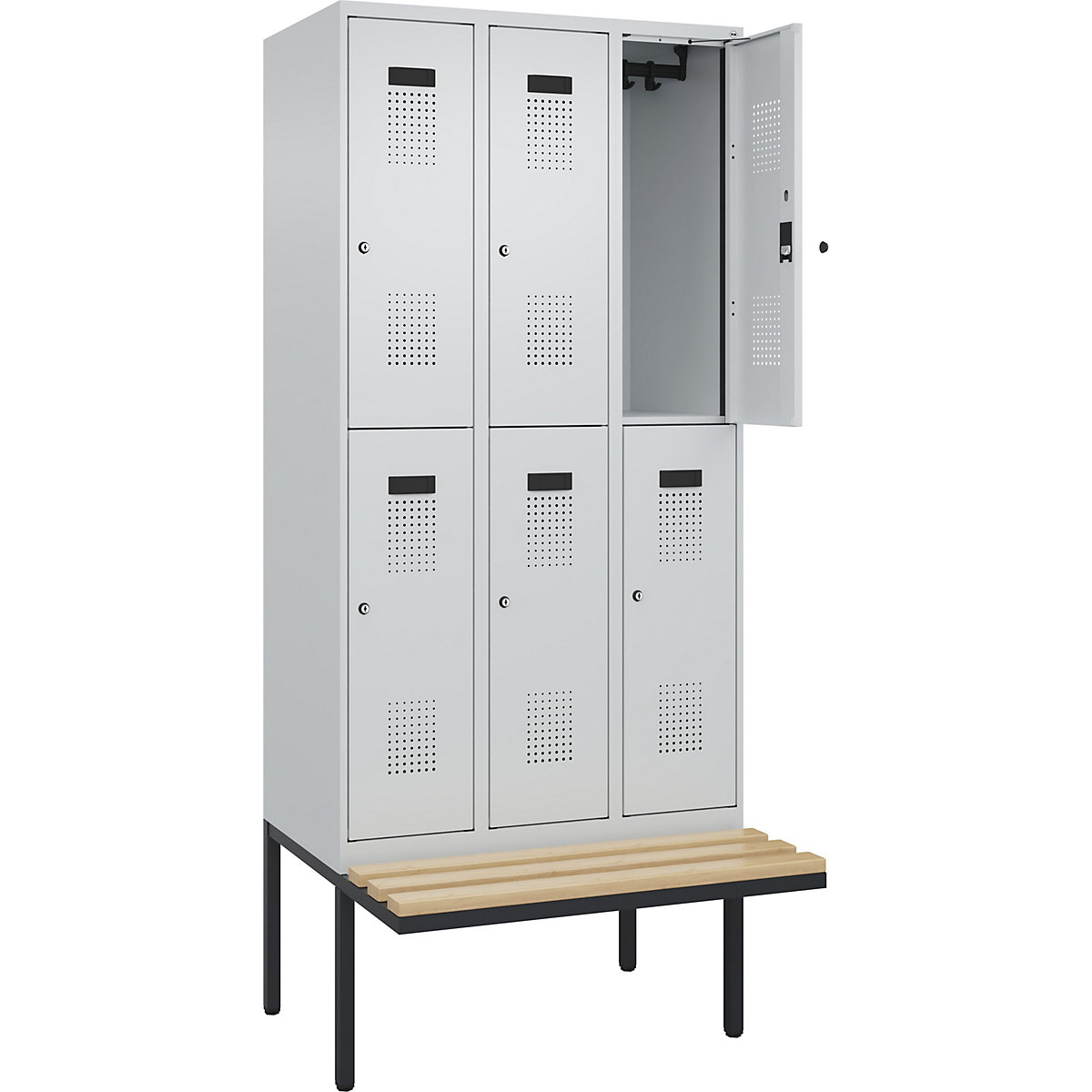 Cacifo de dois andares Evolo PLUS com banco, 3 compartimentos, cinzento claro/cinzento claro, L 900 mm, fechadura de cilindro, com banco saliente, faia-0