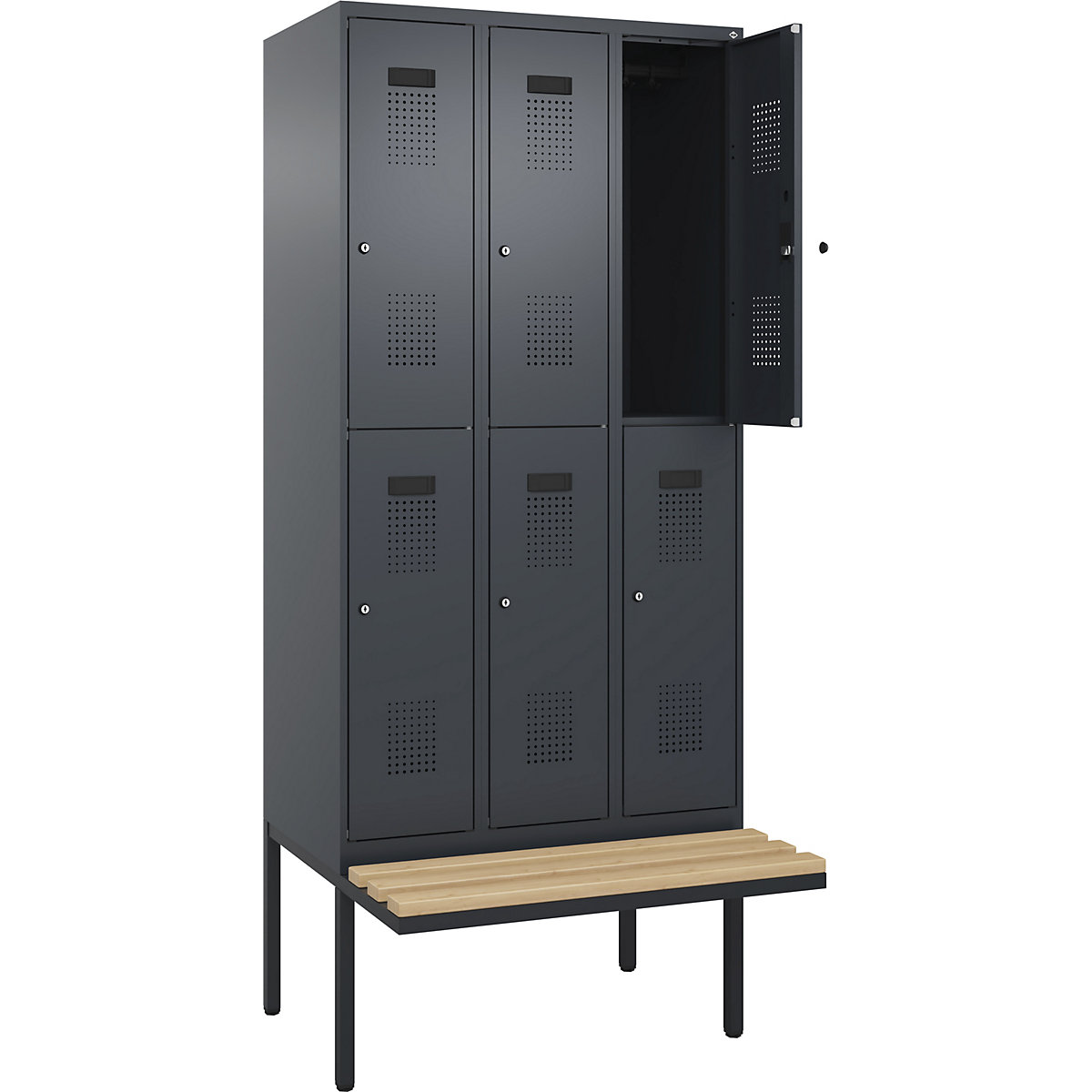 Cacifo de dois andares Evolo PLUS com banco, 3 compartimentos, cinzento, L 900 mm, fechadura de cilindro, com banco saliente, faia-0