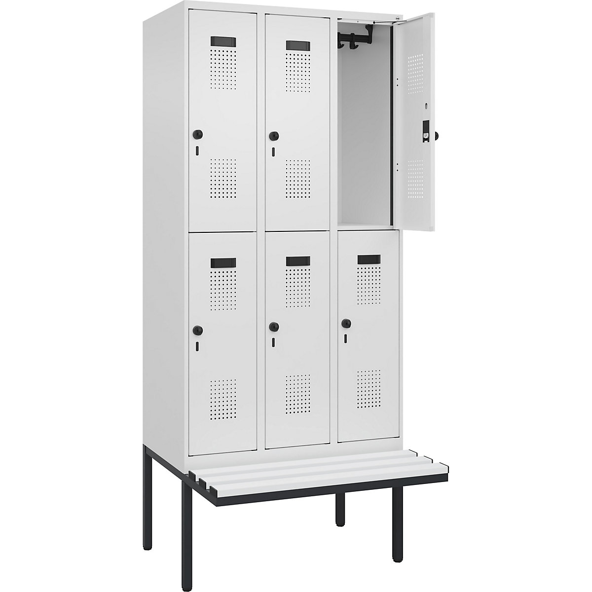 Cacifo de dois andares Evolo PLUS com banco, 3 compartimentos, branco, L 900 mm, trinco de segurança rotativo, com banco saliente, plástico-0