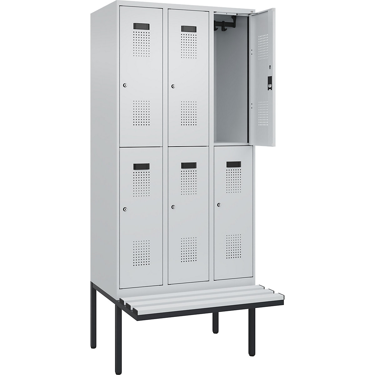 Cacifo de dois andares Evolo PLUS com banco, 3 compartimentos, cinzento claro/cinzento claro, L 900 mm, fechadura de cilindro, com banco saliente, plástico-0