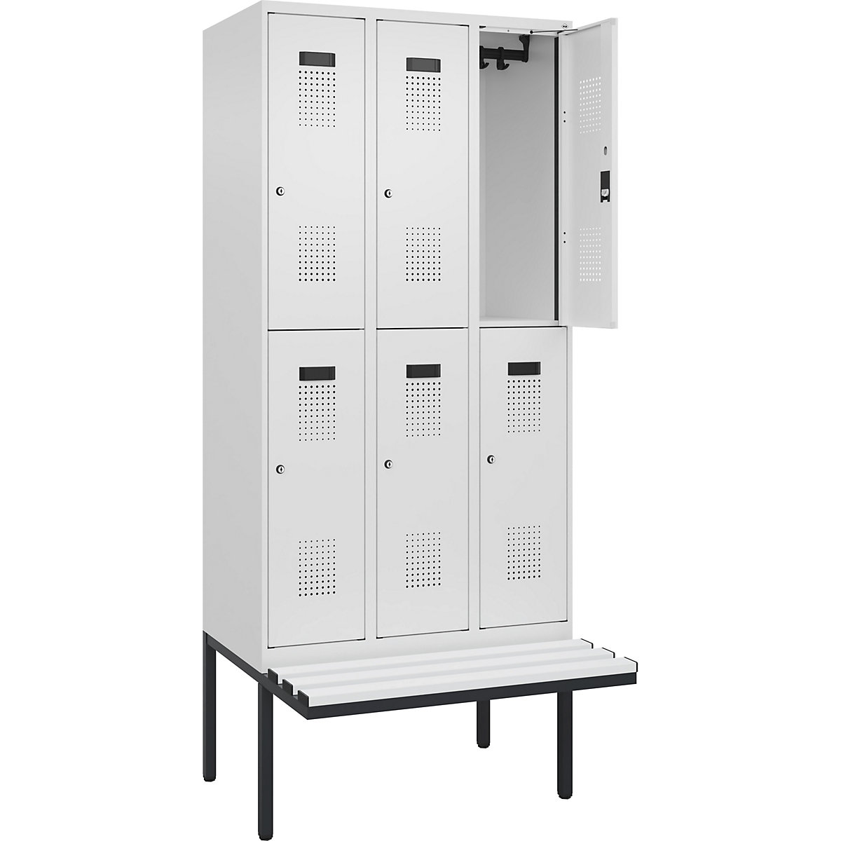 Cacifo de dois andares Evolo PLUS com banco, 3 compartimentos, branco, L 900 mm, fechadura de cilindro, com banco saliente, plástico-0