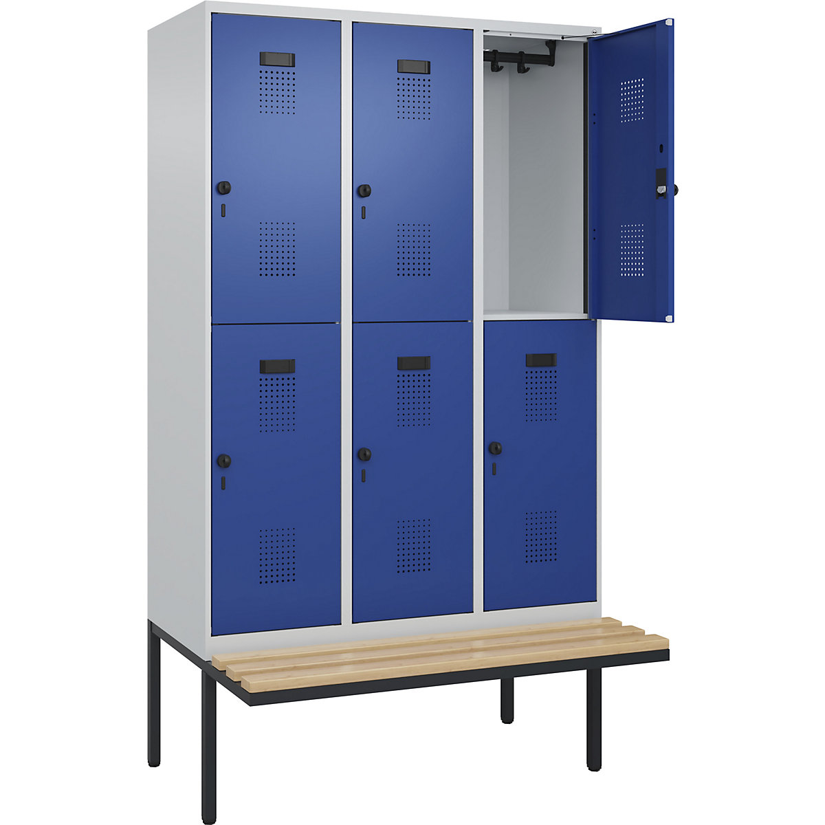 Cacifo de dois andares Evolo PLUS com banco, 3 compartimentos, cinzento claro/azul genciana, L 1200 mm, trinco de segurança rotativo, com banco saliente, faia-0